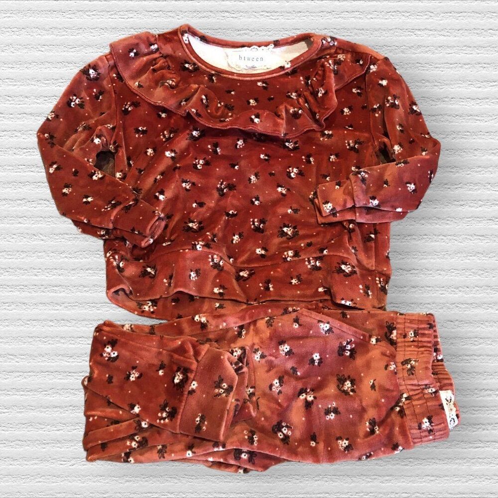 Btween 2t Rust Red Ditsy Floral Velour Sweater Pants Set Outfit